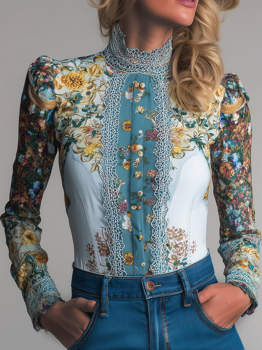 Vintage Bohemian Romantic Floral Lace High-Neck Blouse