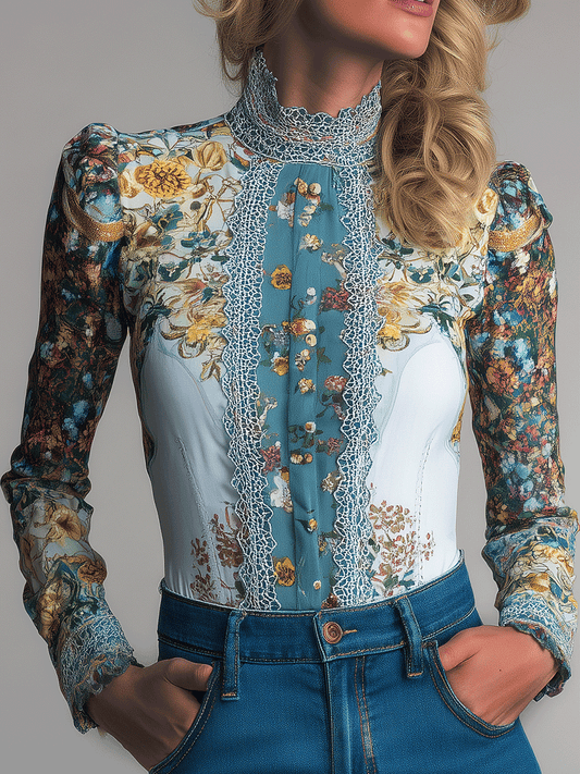 Vintage Bohemian Romantic Floral Lace High-Neck Blouse