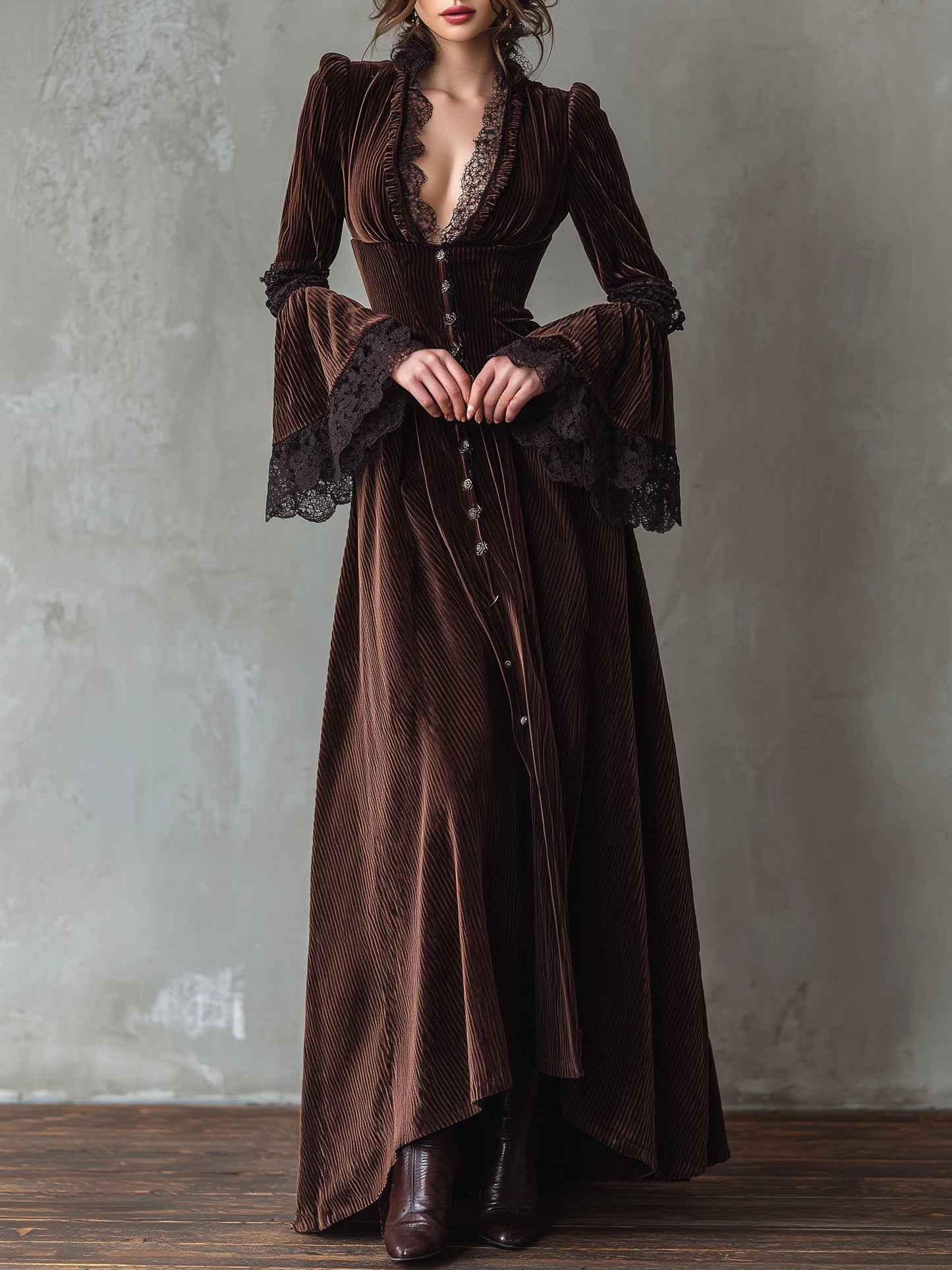Vintage Chocolate Brown Velvet Flared Maxi Dress With Lace Cuffs