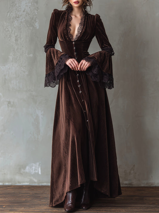 Vintage Chocolate Brown Velvet Flared Maxi Dress With Lace Cuffs