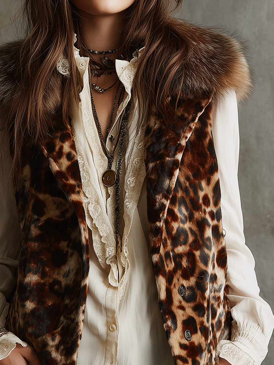 Retro Leopard Faux Fur Fox Collar Trim Vest