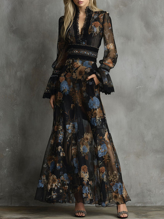 Bohemian Lace Trim Black Floral Chiffon Maxi Dress