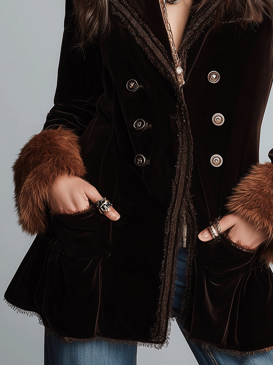Retro Brown Velvet Double-Breasted Faux Fur Cuff Jacket