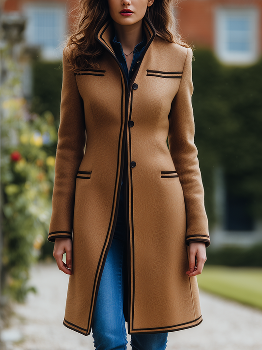 Retro Contrast Color Trim Woolen Polyester Mid-Length Jacket