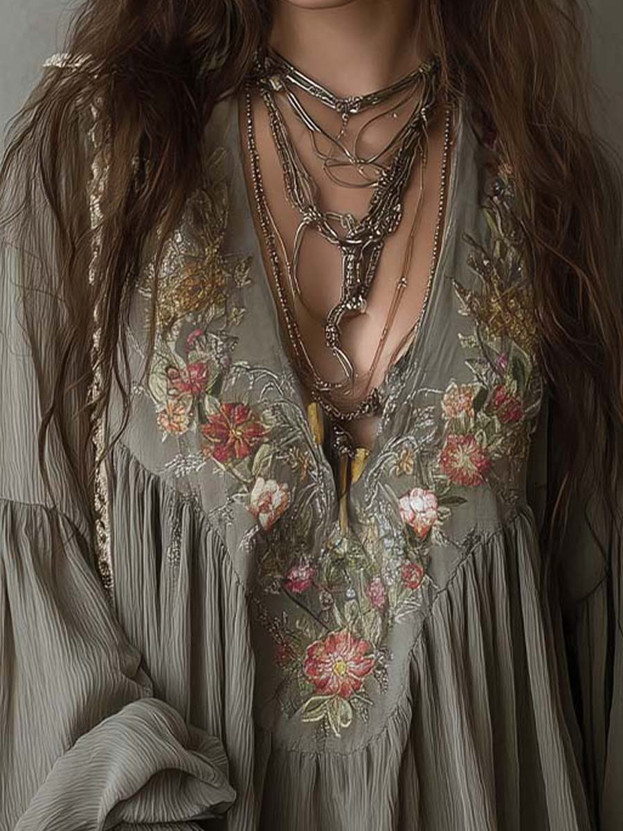 Bohemian Romance Embroidered V-Neck Mini Dress