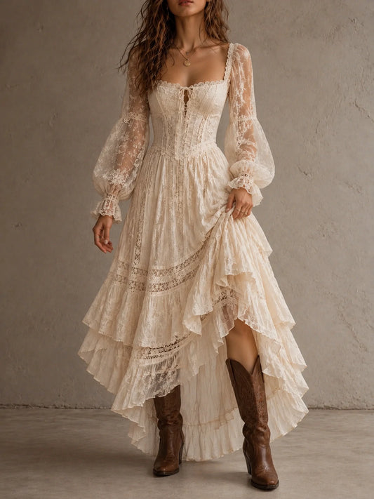 Ivory Square-Neck Lace Tiered Maxi Dress