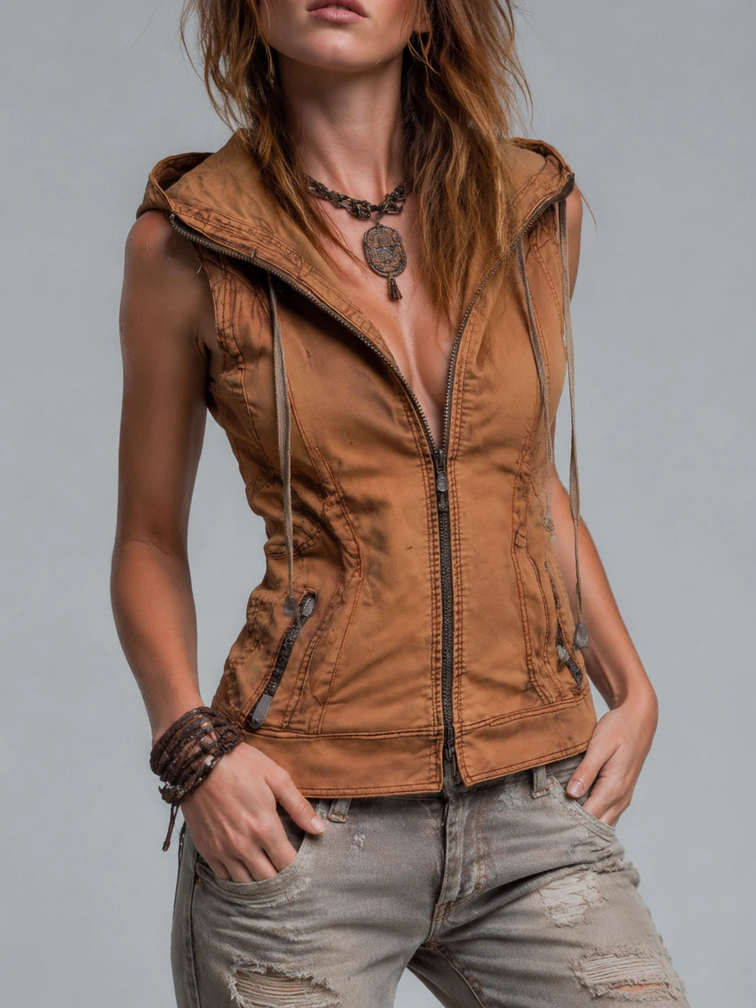 Vintage Washed Utility Style Hoodie Vest