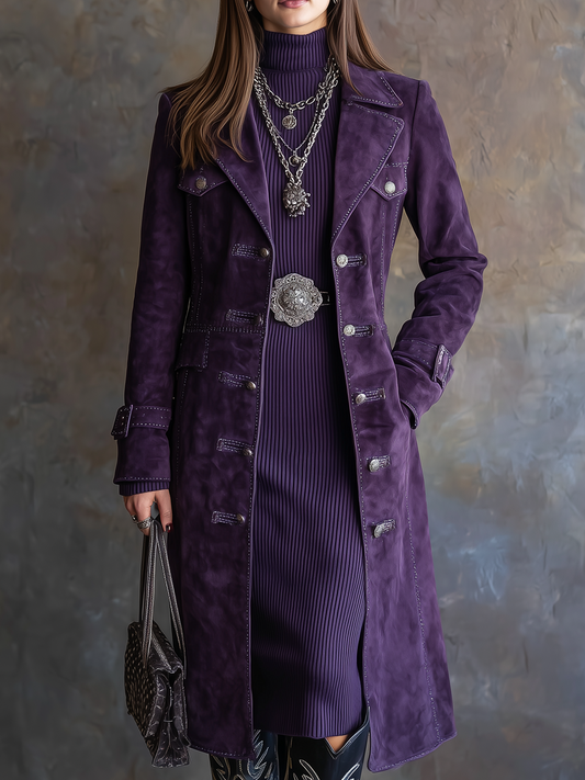 Vintage Flap Pockets Contrast Stitching Polyester Suede Coat