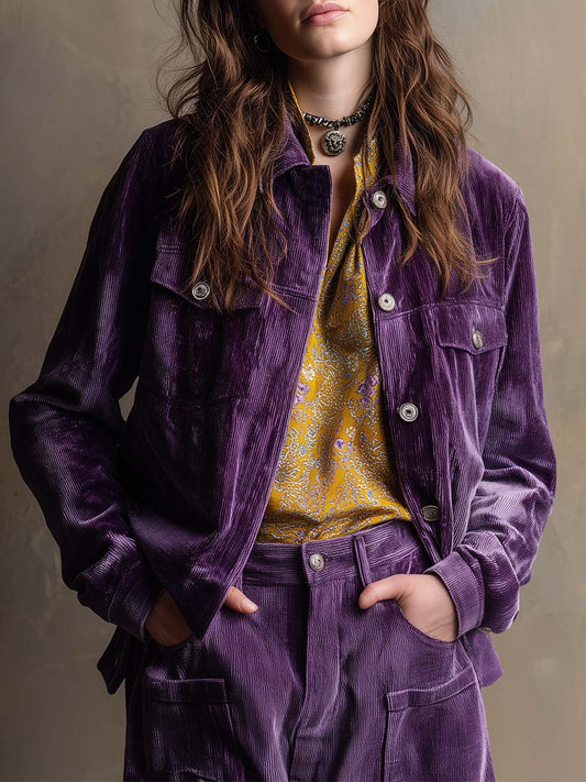Retro Button-Up Velvet Shirt Jacket