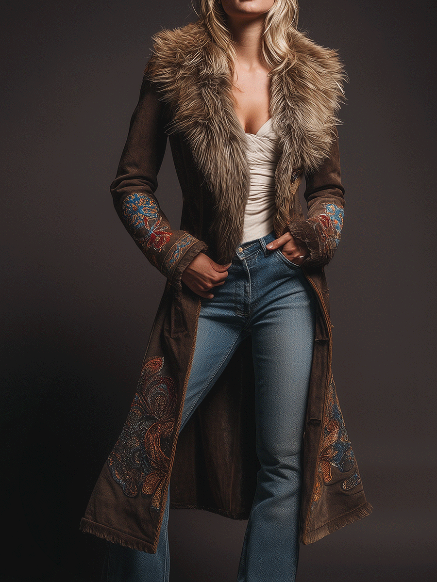 Retro Boho Brown EleganceEmbroidered Faux Fur Collar Long Coat