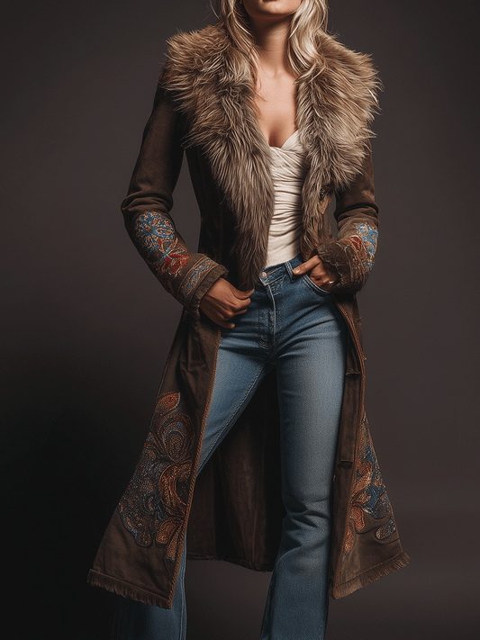 Retro Boho Brown EleganceEmbroidered Faux Fur Collar Long Coat