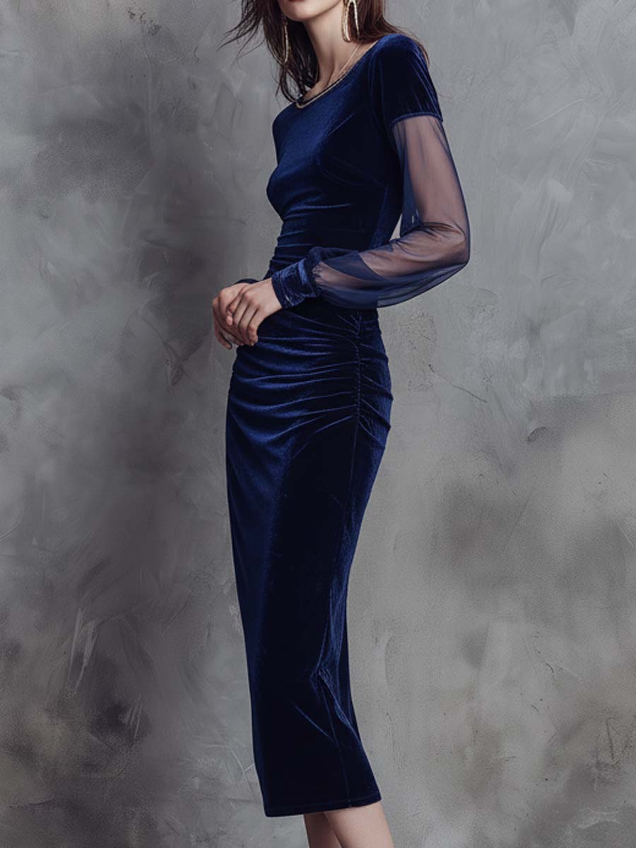 Velvet Midi Dress With Sheer Sleeves