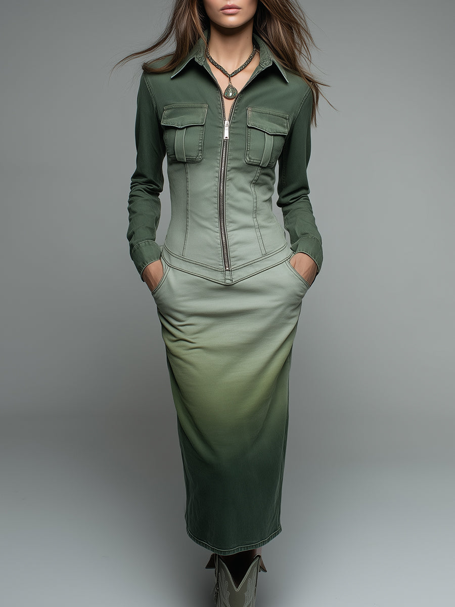 Retro Denim Gradient Washed Front Zipper Midi Dress