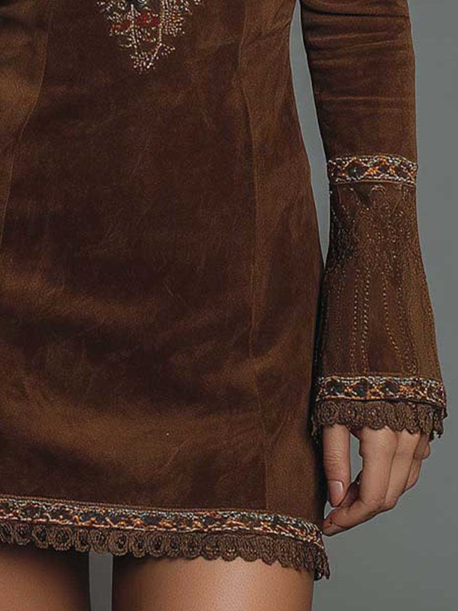 Vintage Brown Suede Mini Dress With Embroidered Detailing – BCSHARED