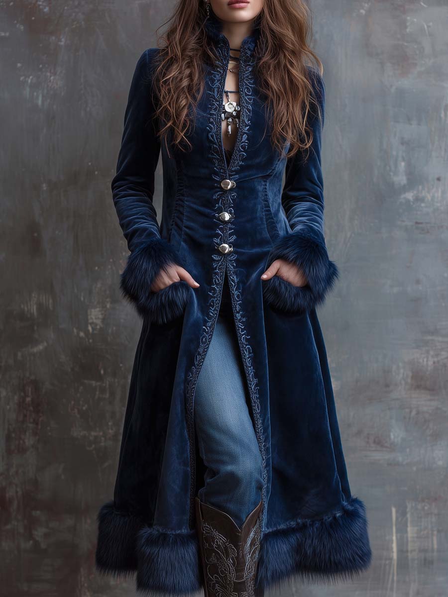 Vintage Embroidered Faux Fur Trim Polyester Velvet Coat