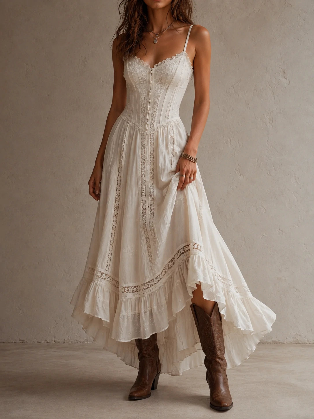 Ivory Lace Inset Corset Slip Maxi Dress