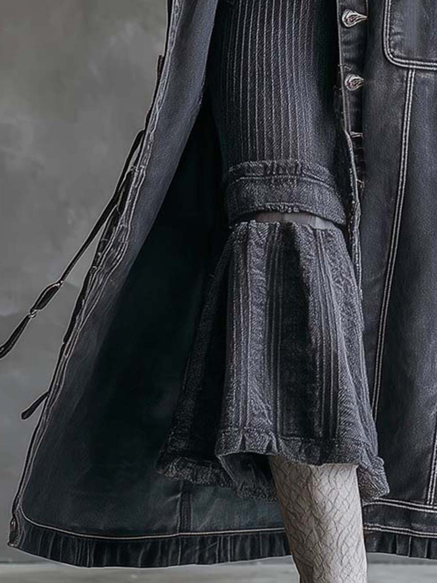 Vintage Washed Grey Denim Coat With Faux Fur Collar