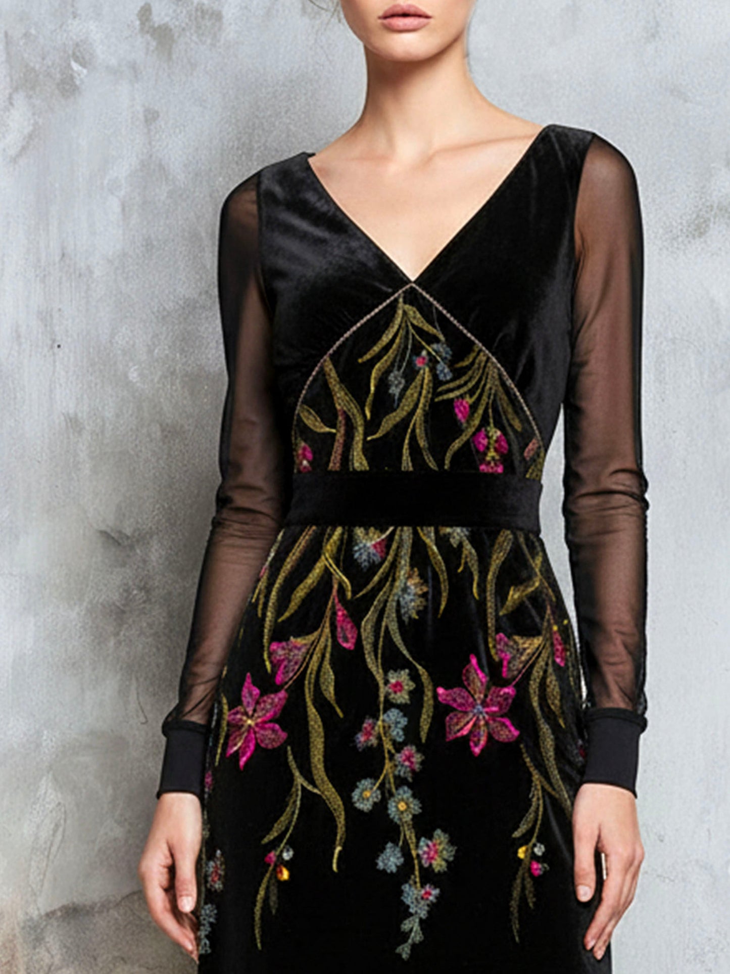 Black Velvet Embroidered Floral Evening Gown With Sheer Sleeves