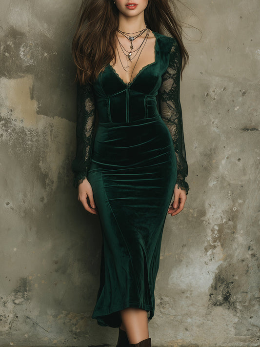 Quiet Luxury Velvet Lace Splicing Tight Midi Dress