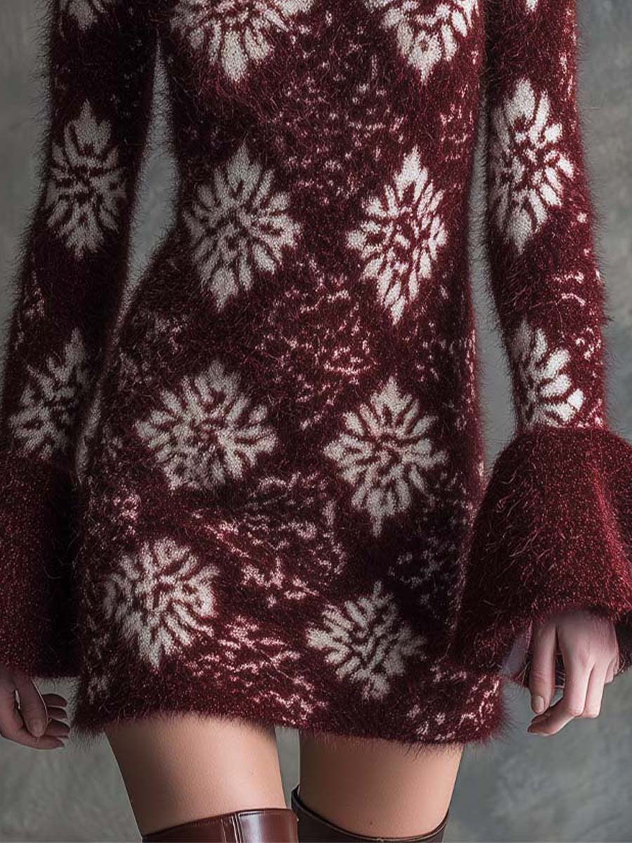 Burgundy Floral-Patterned Fuzzy Knit Sweater Dress