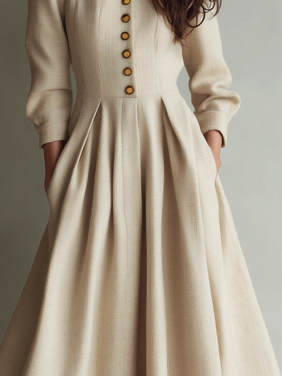 Vintage Tweed Button Square Neck Long Sleeve Midi Dress