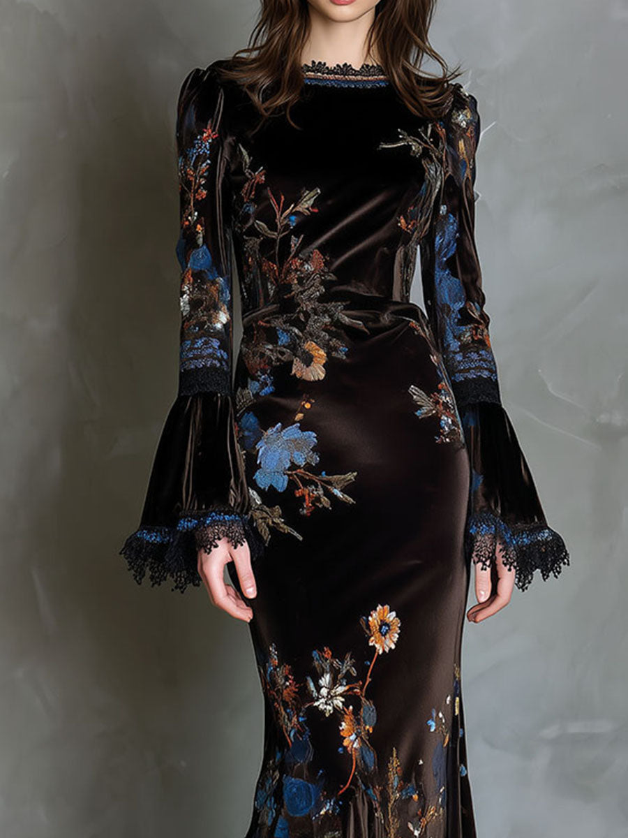 Elegance Midnight Velvet Floral Gown With Lace Trim