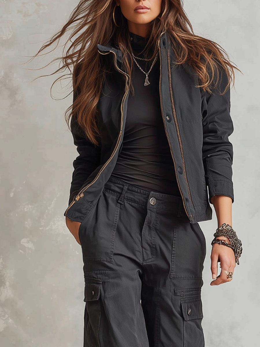 Retro Zipper Collar Multi-pocket Workwear Black Set