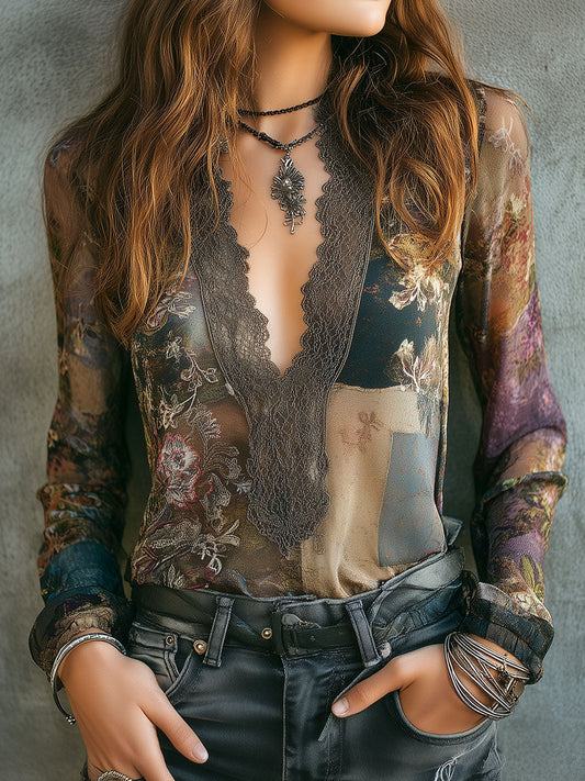 V Neck Lace Trim Floral Boho Patchwork Blouse