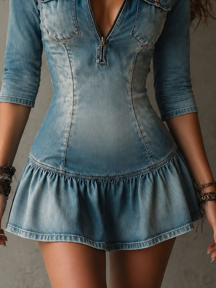 Boho Western Faded Denim Half Zip Ruffle Hem Mini Shirt Dress