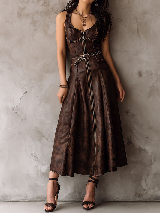 Vintage Brown Eco Leather Zipper Front Belted Midi Dress