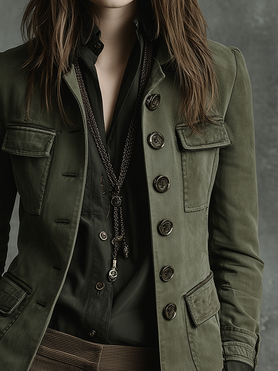 Structured Utility Olive Green Military-Inspired Tailored Jacket