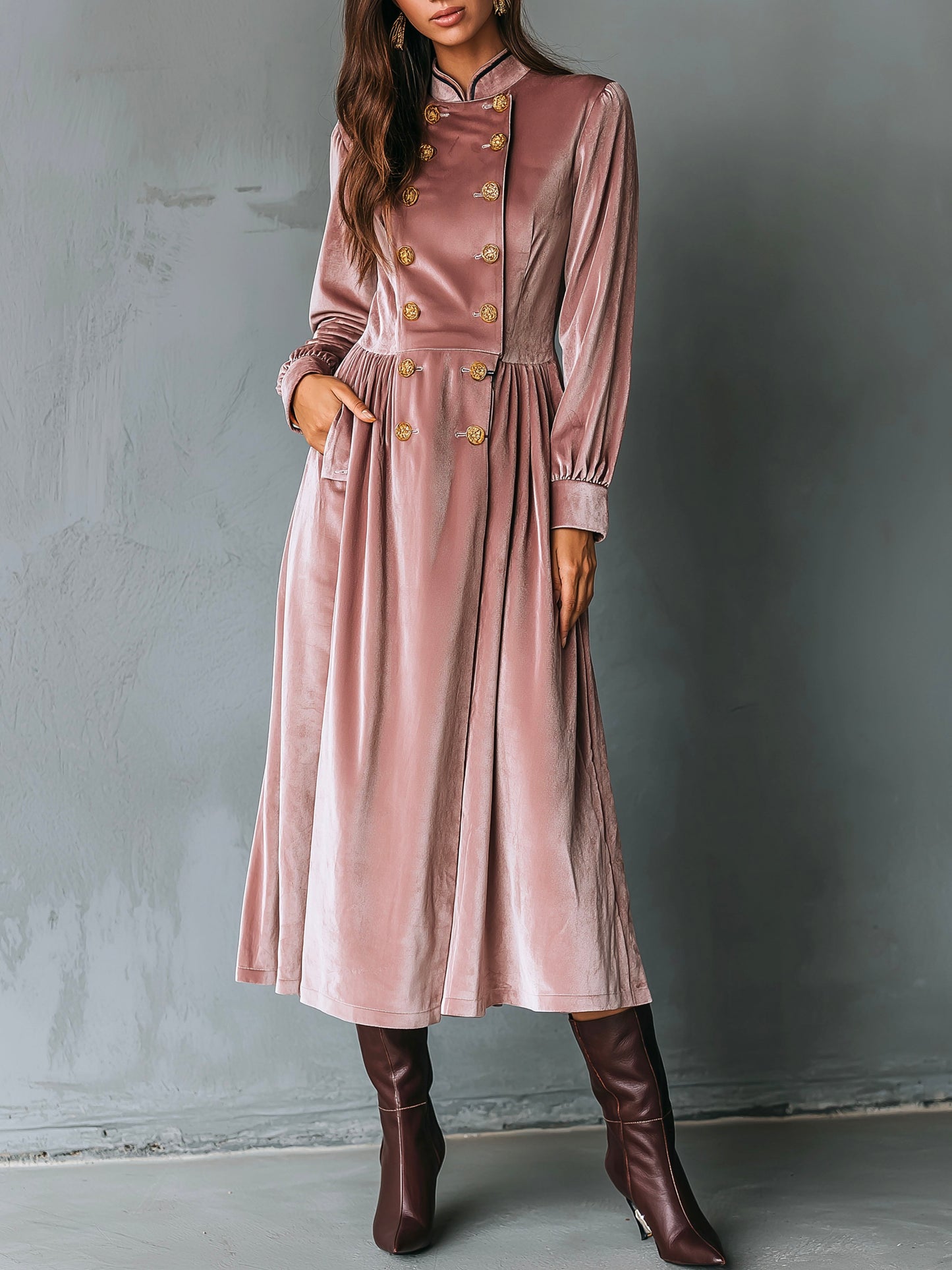 Elegant High Collar Duusty Pink Velvet Doulbe-breasted Midi Dress