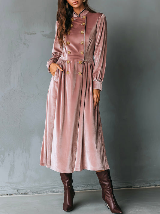 Elegant High Collar Duusty Pink Velvet Doulbe-breasted Midi Dress