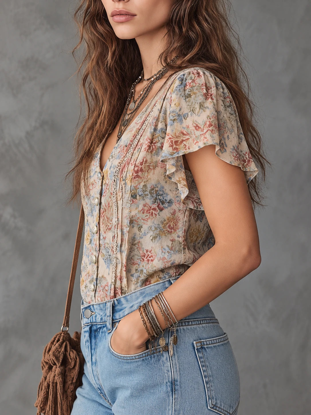 Boho Vintage Oil-Painting Style Printed Cotton-Linen Blouse