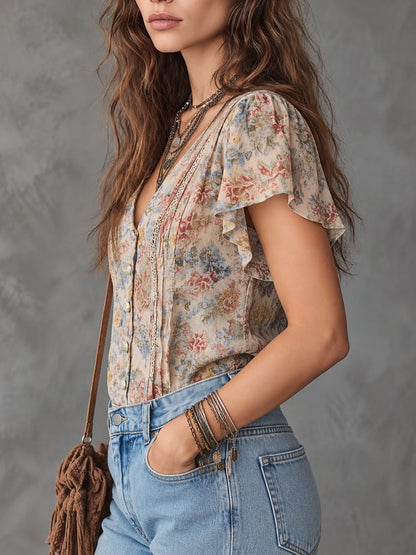 Boho Vintage Oil-Painting Style Printed Cotton-Linen Blouse