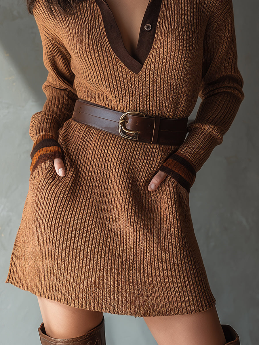 Chic Contrasting Color Knitted Mini Dress With Belt