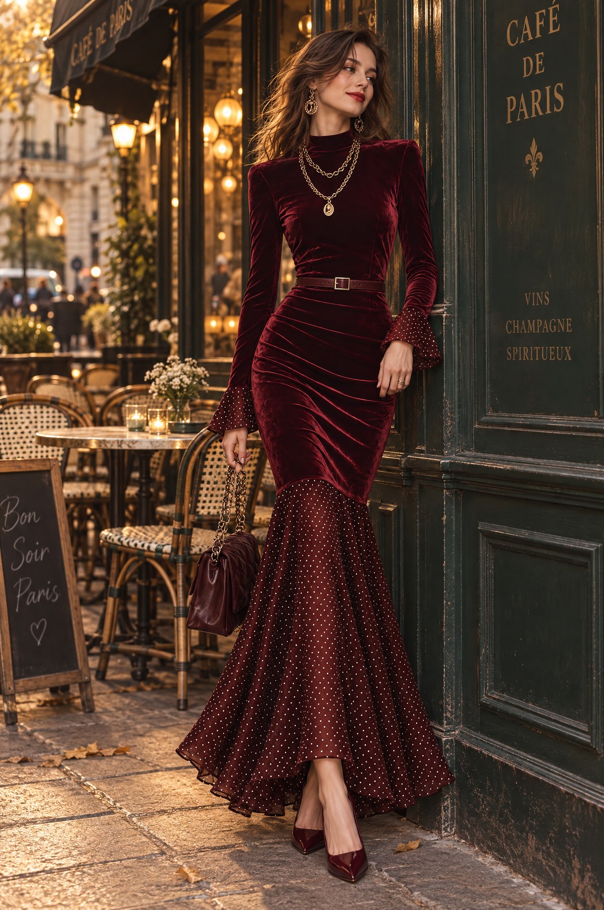 Elegant Burgundy Velvet Mermaid Maxi Dress with Polka Dot Flounce Hem