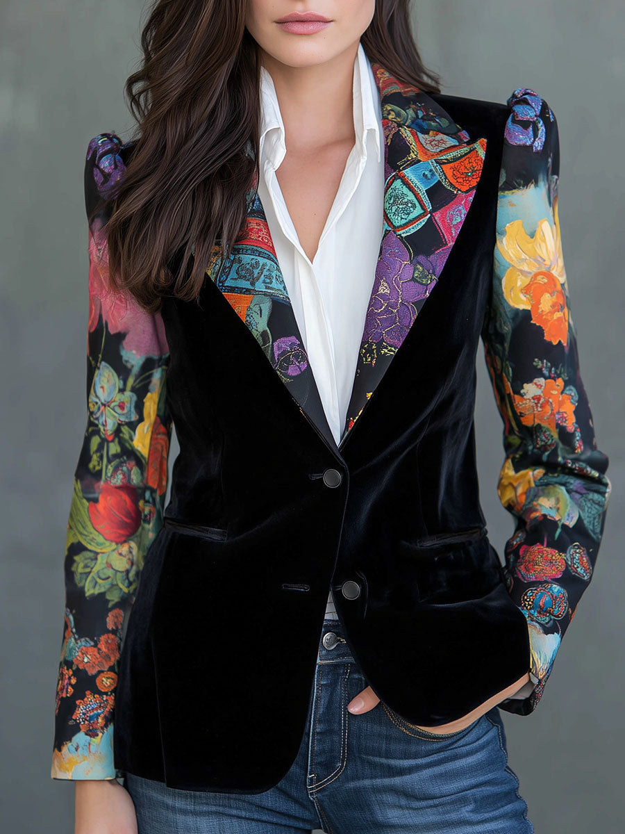 Artistic Colorful Floral Print Sleeves Tailored Blazer