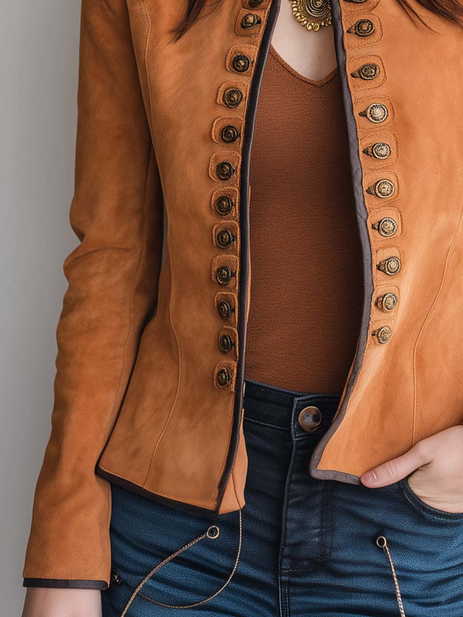 Vintage Buttons Rust Micro Suede Contrast Edges Blazer