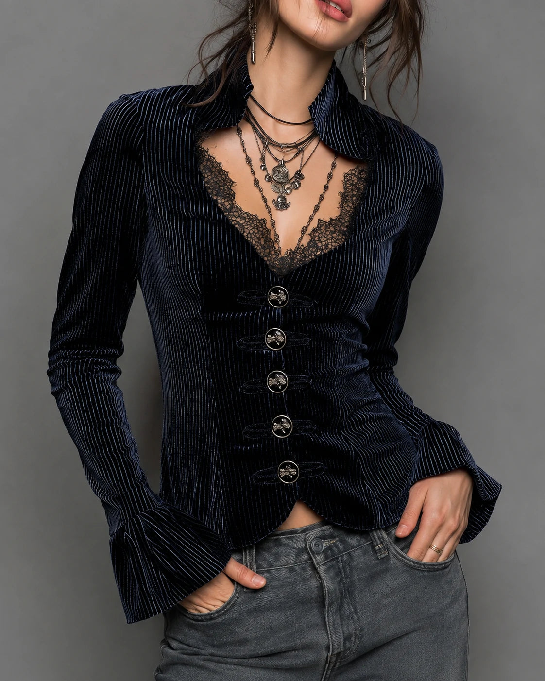 Lace V-neck Flared Cuffs Vintage Velvet Shirt