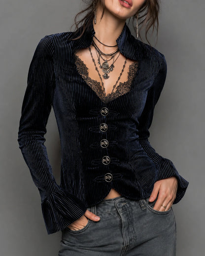 Lace V-neck Flared Cuffs Vintage Velvet Shirt