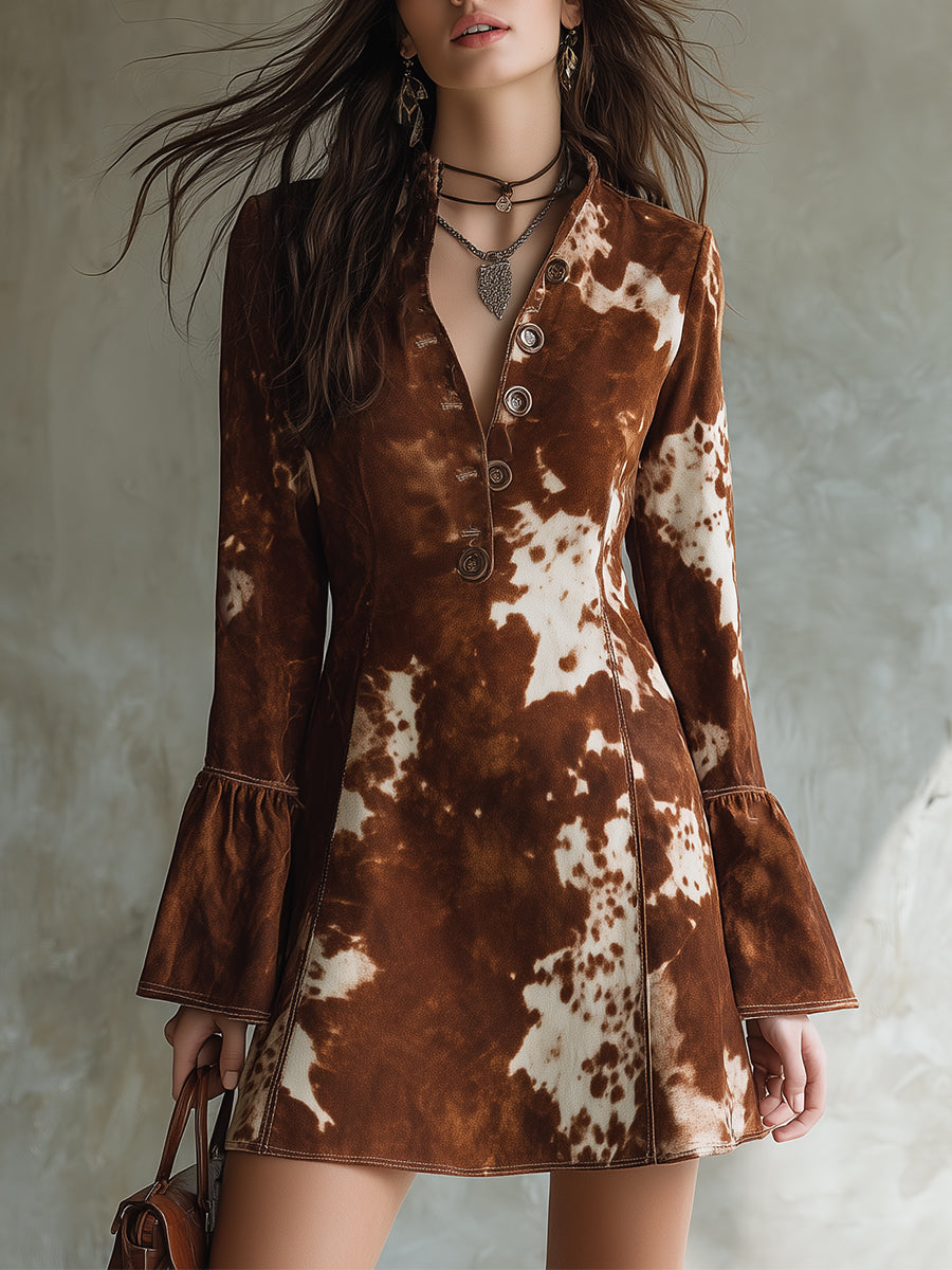 Chic Suede Cow Print Bell Sleeve Mini Dress