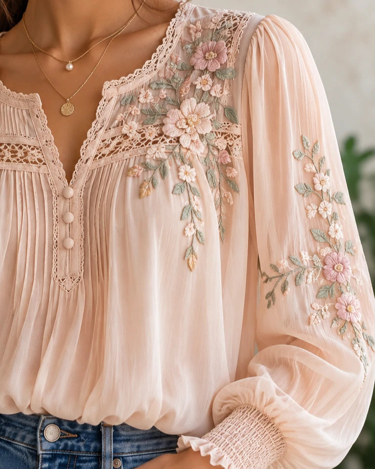 Floral Lace-Insert Blush Blouse