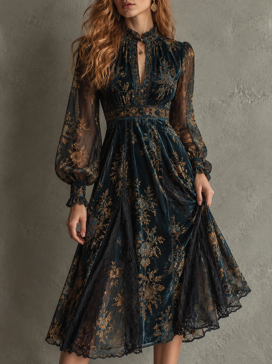 Dark Teal Floral Keyhole Midi Dress