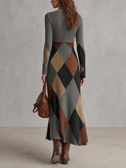 Retro Color-block Argyle Knit Midi Dress