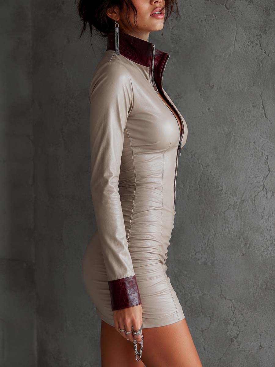 Retro Contrast Trim Faux Leather Mini Dress