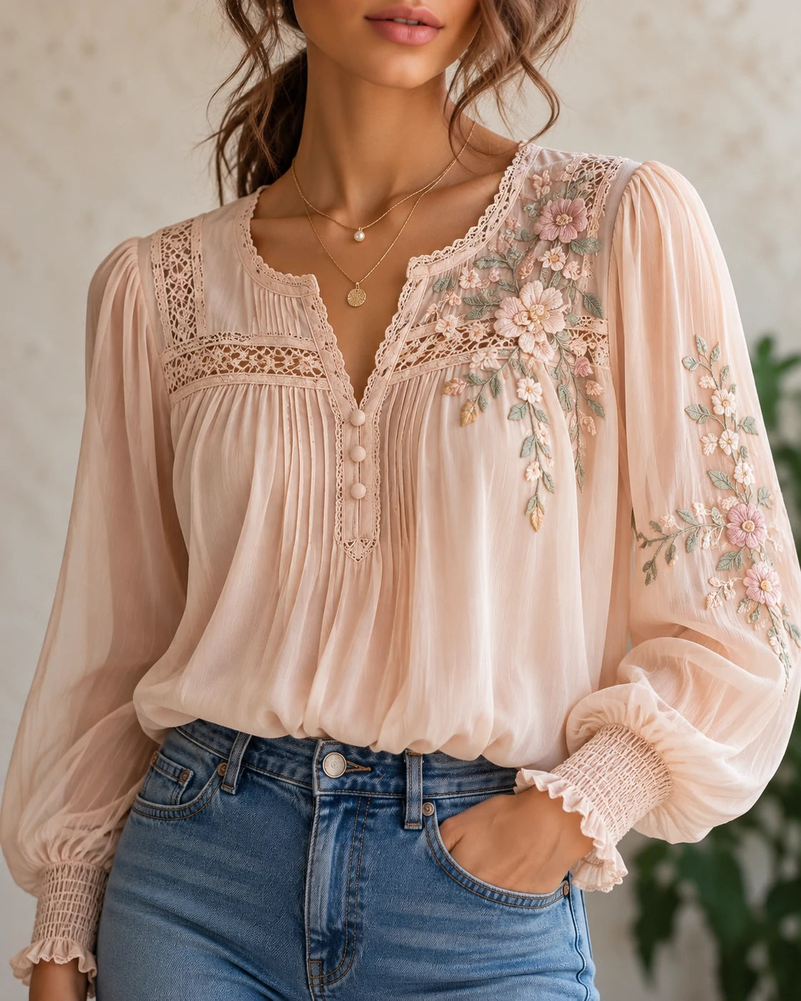 Floral Lace-Insert Blush Blouse