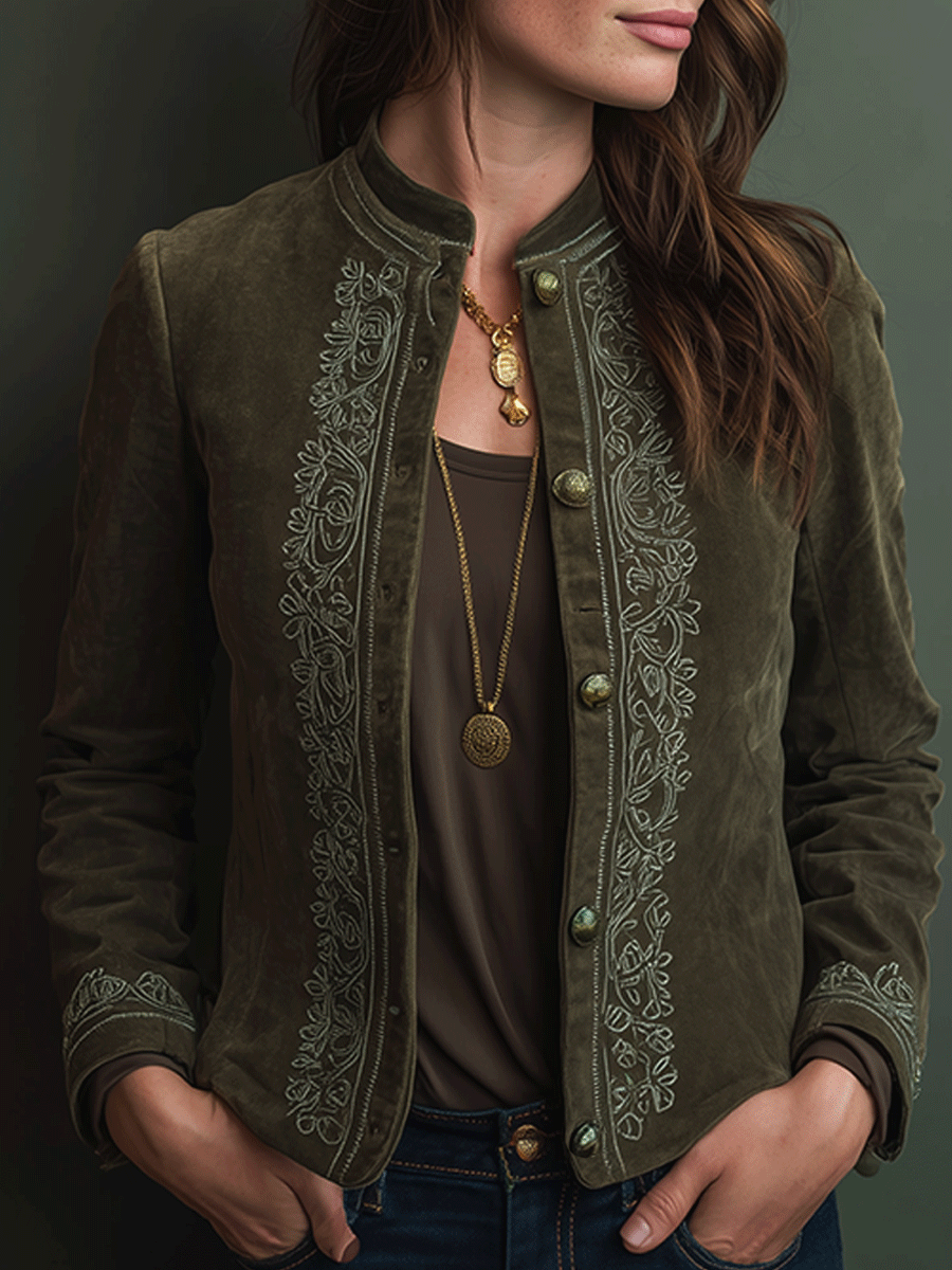 Vintage Embroidered Suede Stand Collar Jacket