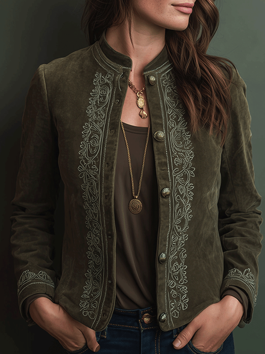 Vintage Embroidered Suede Stand Collar Jacket