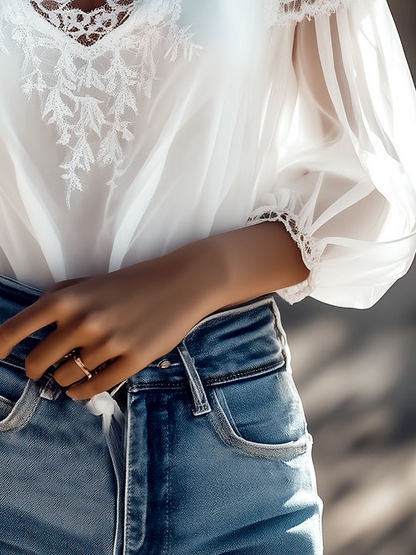Romantic Soft White Sheer Lace Trimmed Blouse